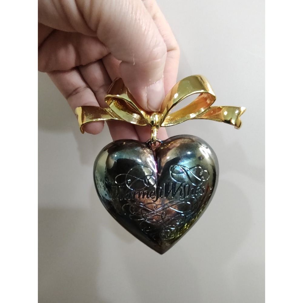Vtg 1987 Nordstrom Ornament Warmest Wishes Heart Silver Gold Tone Bow Christmas